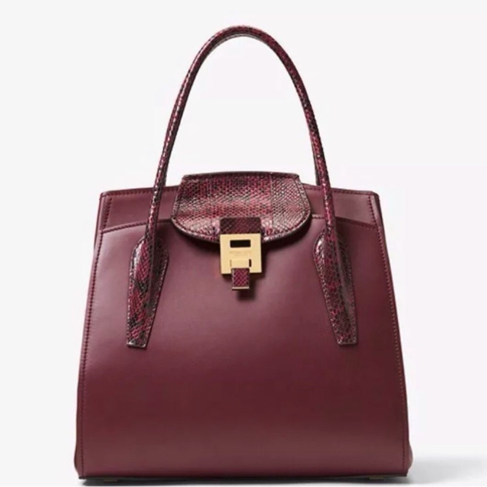 Michael Kors Collection Bancroft Satchel Burgundy Snakeskin | Quiet Luxury